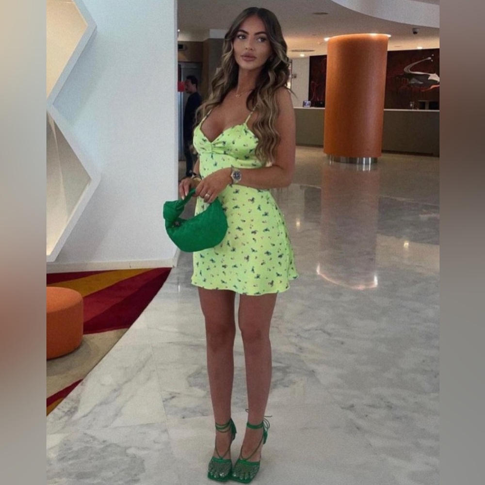 ZARA NEON SATIN EFFECT LIME GREEN FLORAL OPEN BACK MINI DRESS